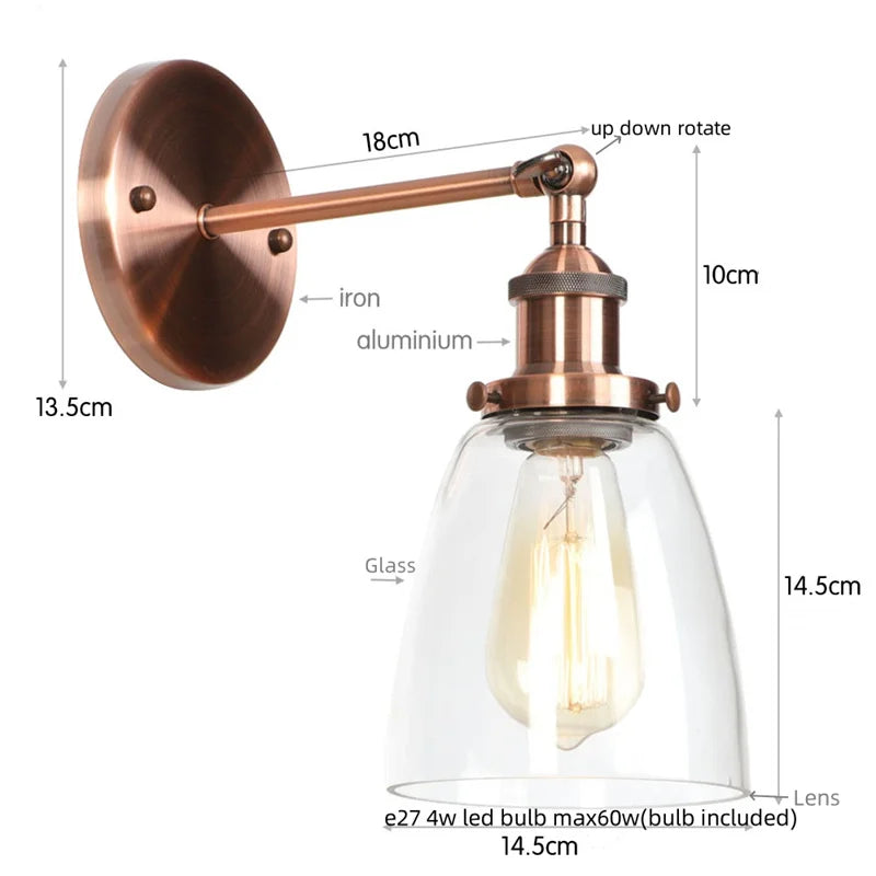 Helnys Single Arm LED Wall Lamp Glass Iron Vintage Stair Light Fixtures