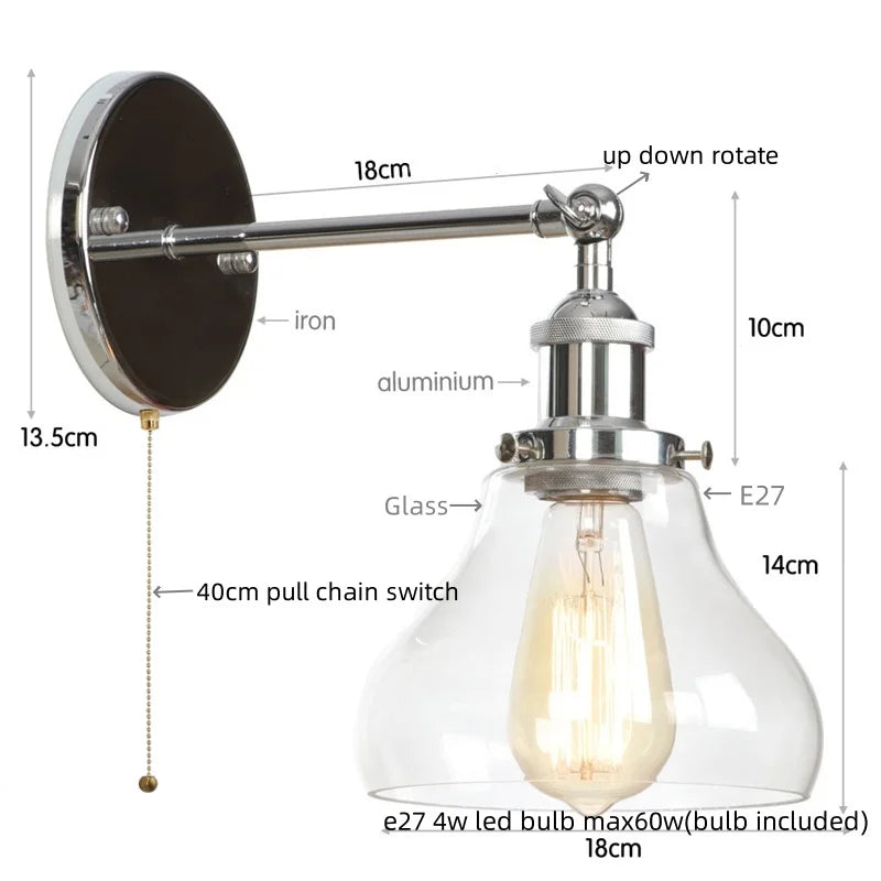 Helnys Industrial Iron LED Wall Lights with Pull Chain Switch