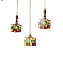 Helnys Colorful Glass Cube LED Pendant Lamp in Walnut Wood for Restaurant & Bedroom