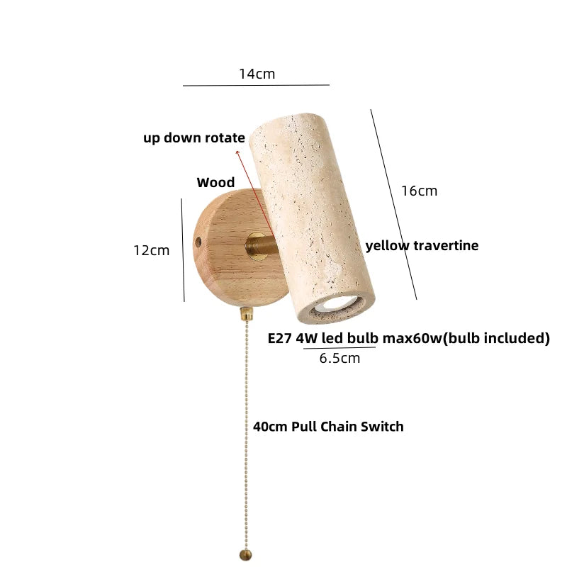 Helnys Nordic Wood LED Wall Sconce Yellow Travertine Stone Modern Rotate Bedside Lamp