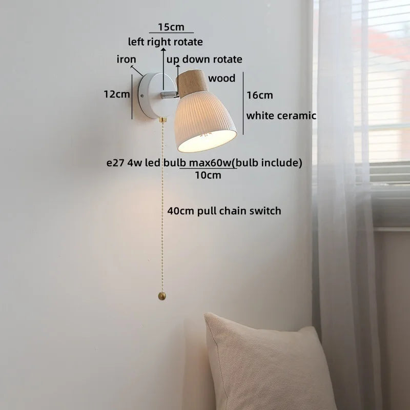 Helnys LED Wood Wall Lamp White Ceramic Japanese Style Mirror Light