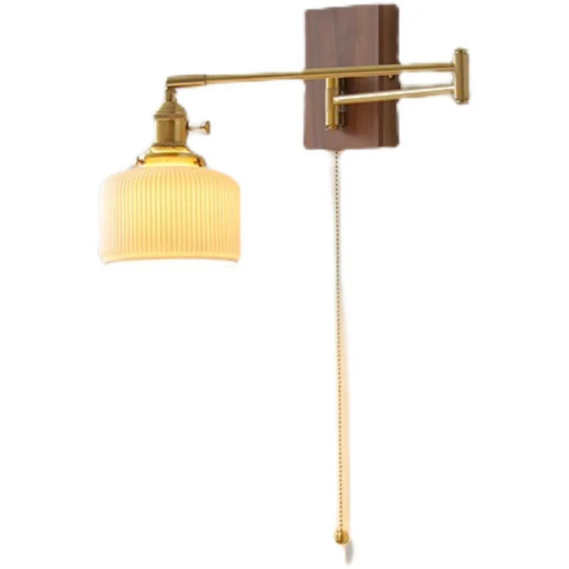 Helnys Walnut Ceramic LED Wall Lamp with Copper Arm, Rotating, Pull Chain Switch