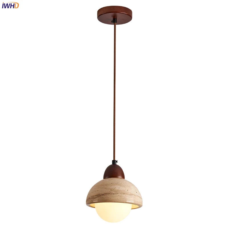 Helnys Yellow Travertine LED Pendant Lamp, Nordic Wood Hanging Light for Home Decor