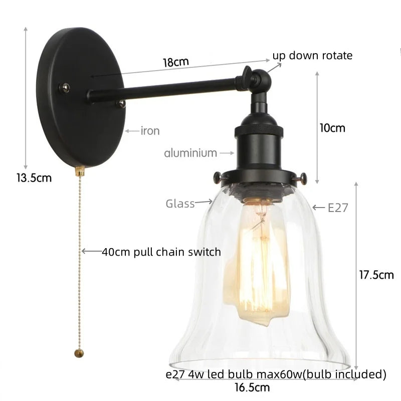 Helnys Vintage LED Glass Wall Sconce with Pull Chain Switch