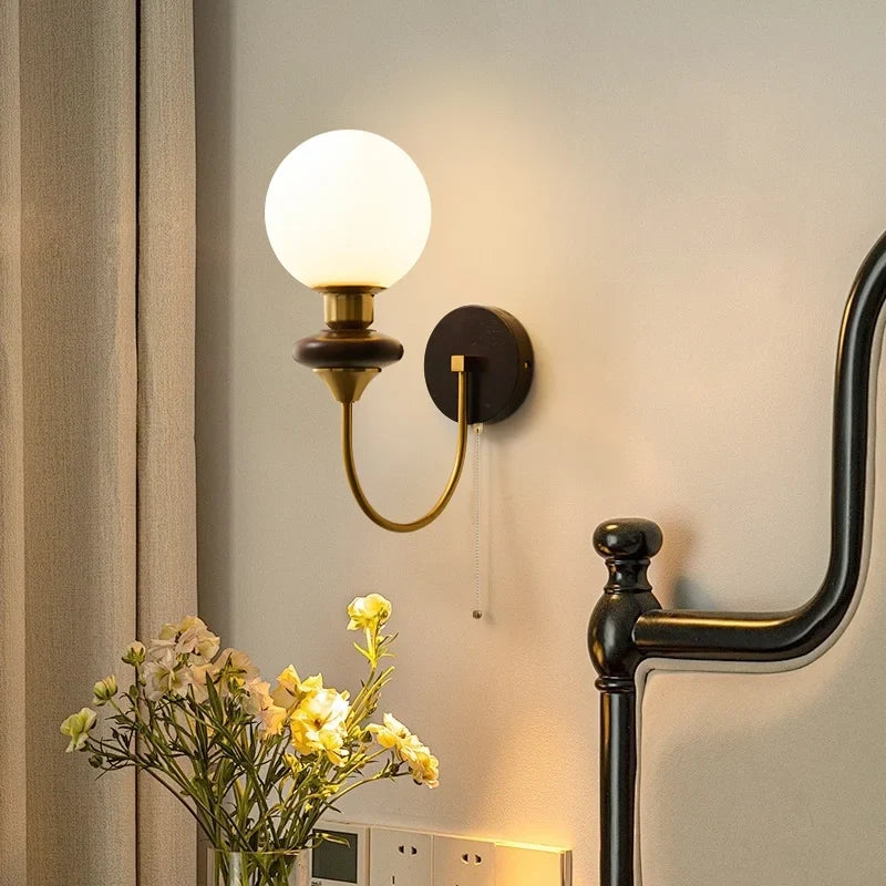 Helnys Walnut Wood Glass LED Wall Sconce with Pull Chain Switch