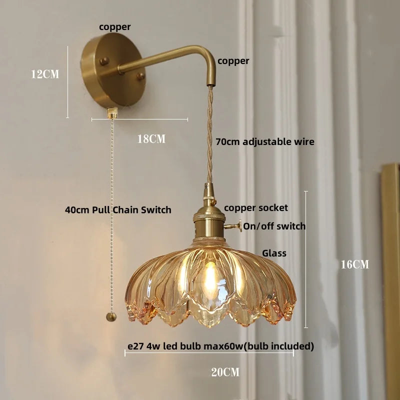 Helnys LED Wall Lights with Pull Chain Switch and Clear Glass Up Down Rotate Copper Finish