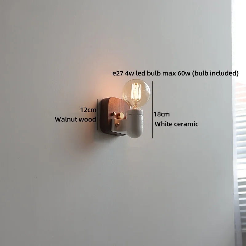 Helnys Ceramic LED Wall Light Mirror Bathroom Decoration Wooden Bedside Lamp