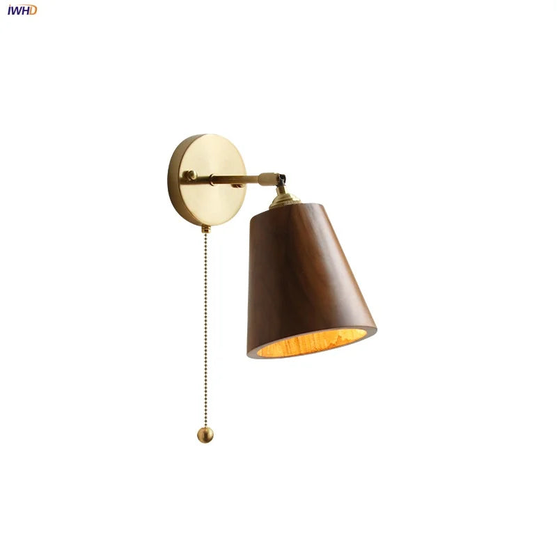 Helnys Walnut Wood LED Wall Light Fixture Sconce Rotate Copper Socket Bedside Lamp