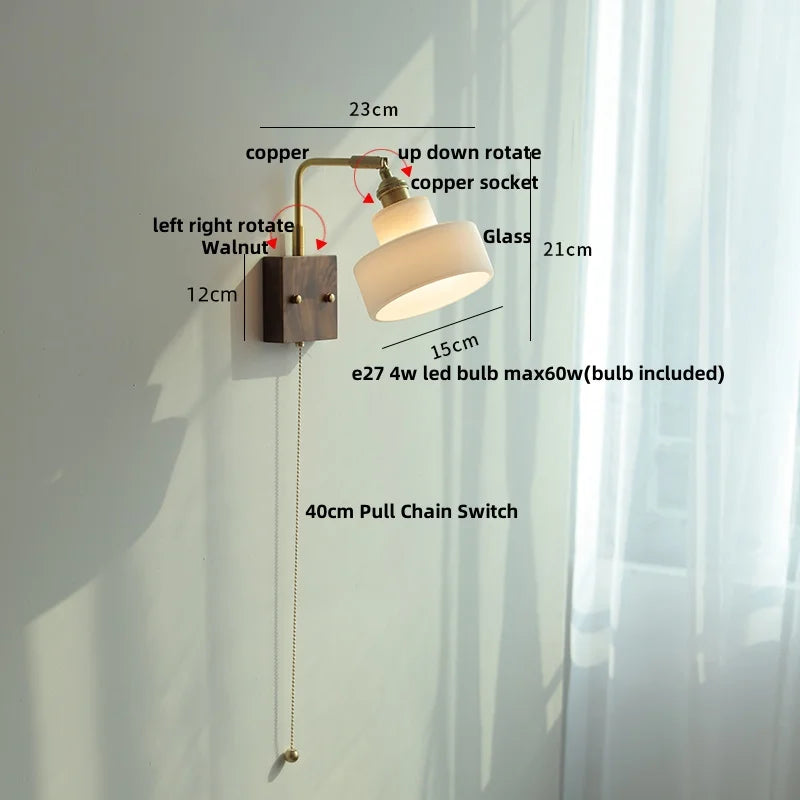 Helnys Brass Walnut Wood LED Wall Sconce Rotatable Glass Stair Light