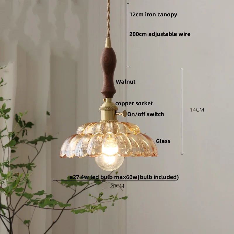 Helnys Amber Flower Glass Pendant Lights with Knob Switch, Adjustable Wire - 200cm