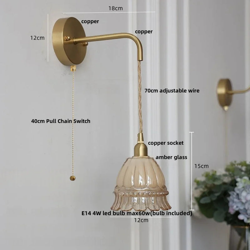 Helnys Amber Glass LED Wall Light with Pull Chain Switch