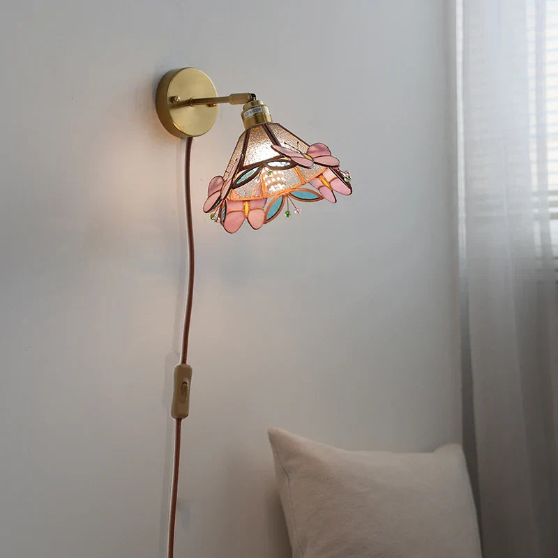 Helnys Pink Butterfly Glass LED Wall Light for Indoor Living Room & Bedroom
