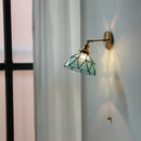 Helnys Tiffany Blue Glass LED Wall Sconce with Rotate Copper Pull Chain Switch