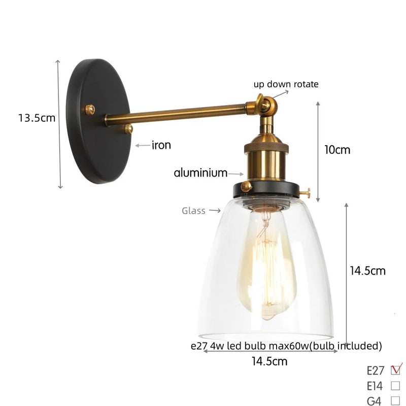 Helnys LED Wall Lamp Single Arm Glass Iron Vintage Retro Stair Light