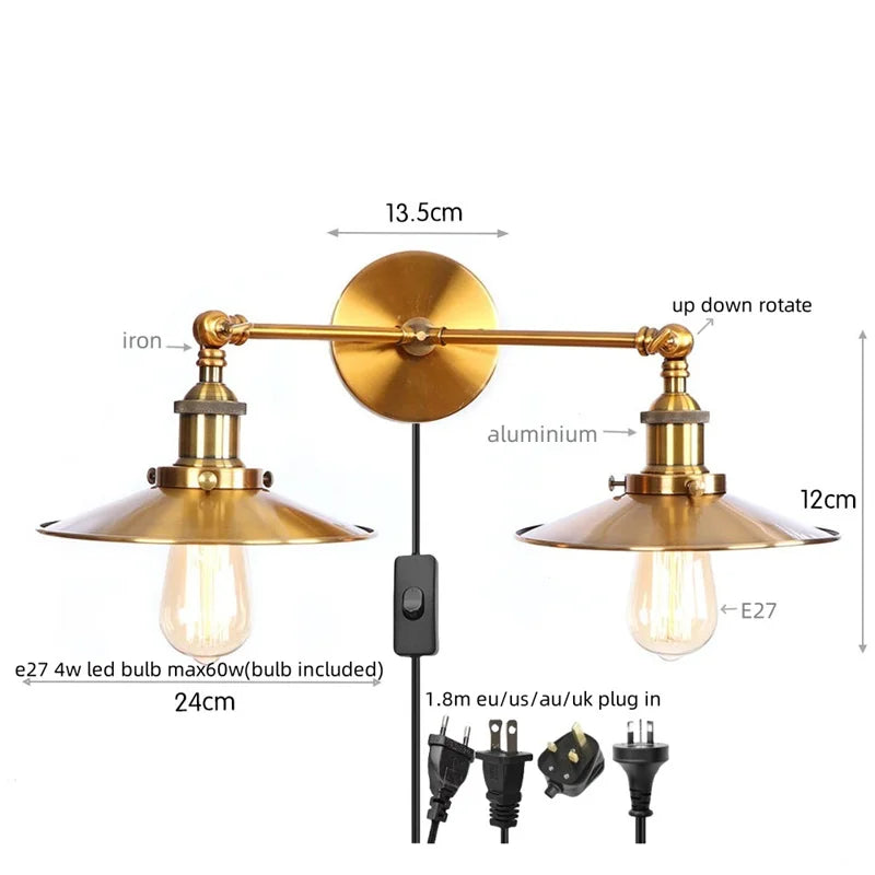 Helnys Silver Vintage LED Wall Light 2 Heads Living Room Bedside Lamp