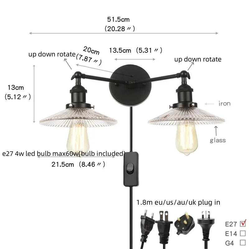 Helnys Industrial LED Wall Light with White Glass, Pull Chain Switch, 2 Heads