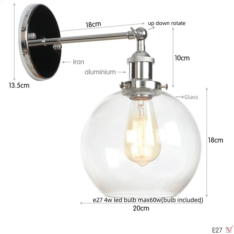 Helnys Glass LED Wall Sconce Industrial Iron Pull Chain Switch Wall Light