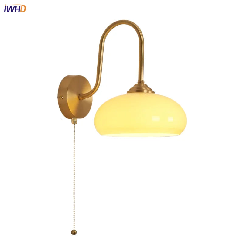 Helnys Glass LED Wall Sconce with Pull Chain Switch, Copper Nordic Bathroom Light
