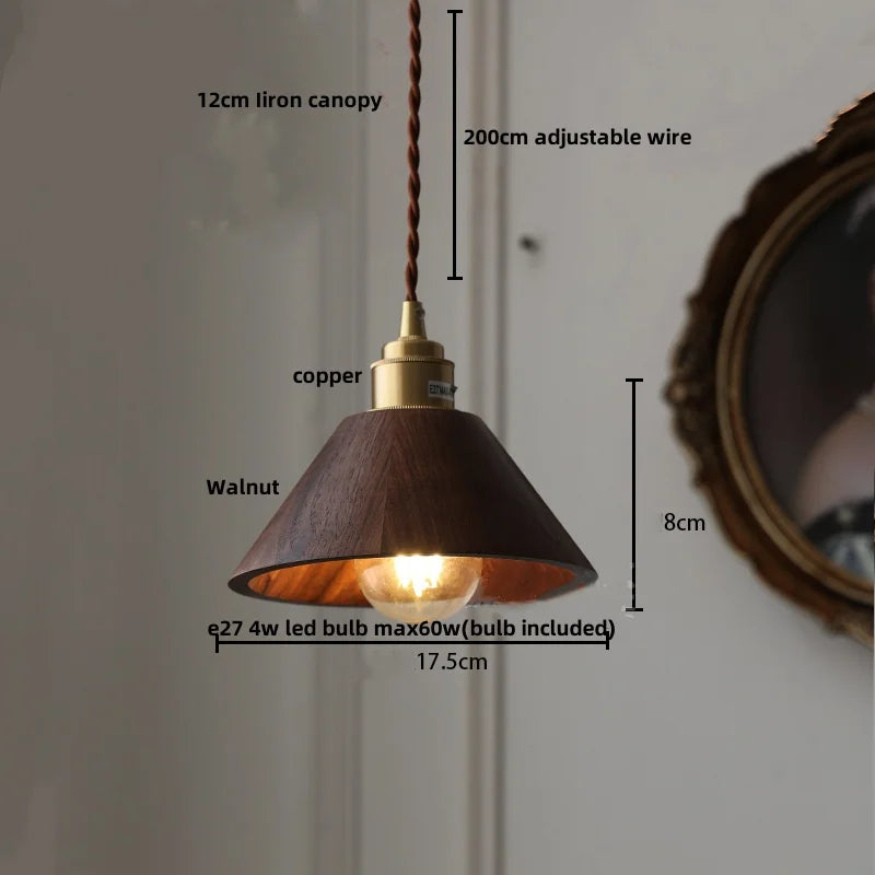 Helnys Ash Wood LED Pendant Lamp with Copper Socket - Adjustable Hanging Lights