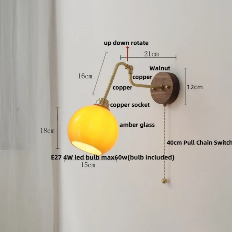 Helnys Copper LED Wall Sconce Amber Glass Walnut Base Nordic Modern Mirror Light