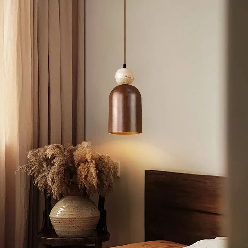 Helnys Wabi Sabi LED Pendant Lamp Wood Travertine Adjustable Hanging Lights