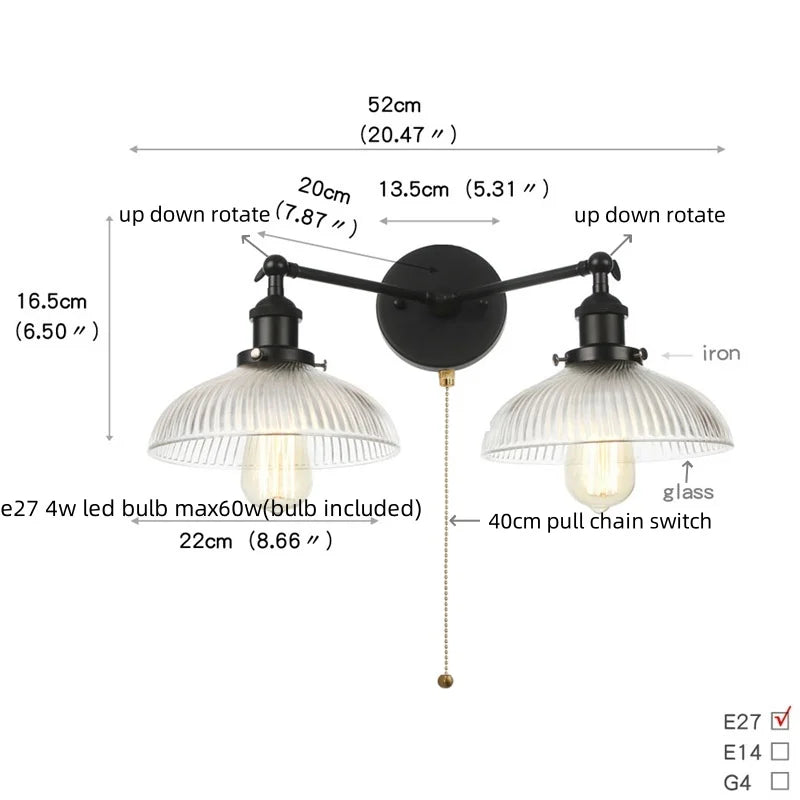 Helnys Industrial LED Wall Light with White Glass, Pull Chain Switch, 2 Heads