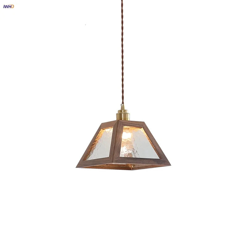 Helnys Japanese Style LED Pendant Light, Glass Walnut Wood Hanging Lamp