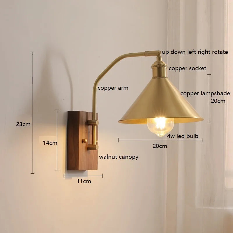 Helnys Nordic Copper LED Wall Lights Fixtures Switch Walnut Wall Lamp