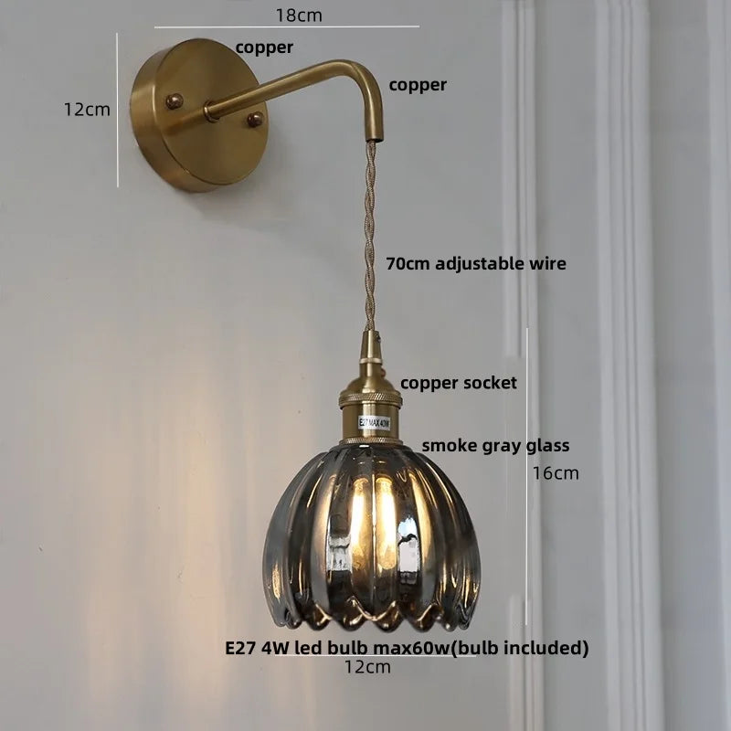 Helnys Smoke Gray Glass LED Wall Light with Pull Chain Switch - Minimalist Design