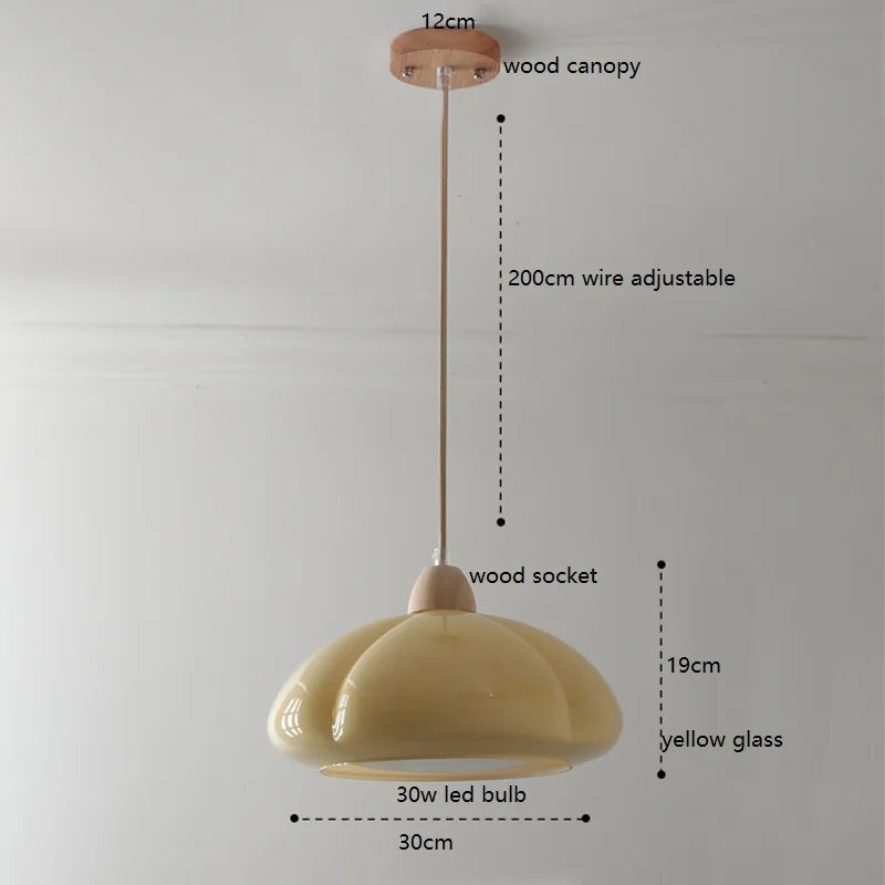 Helnys Glass LED Pendant Light 30W Vintage Wood Hanging Lamp