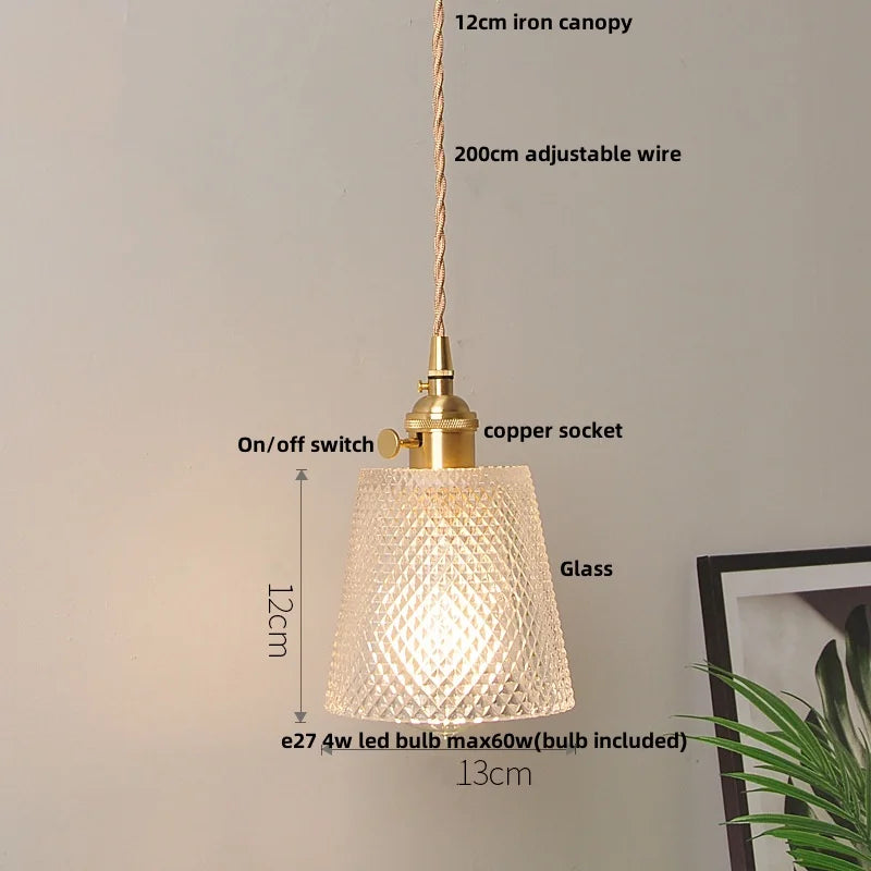 Helnys Clear Leaf Glass LED Pendant Lamp with Copper Knob Switch