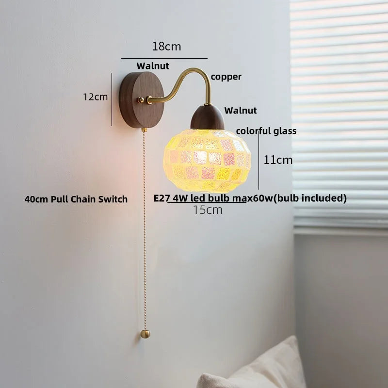 Helnys Tiffany Style LED Wall Sconce Pull Chain Switch Colorful Glass Stair Light