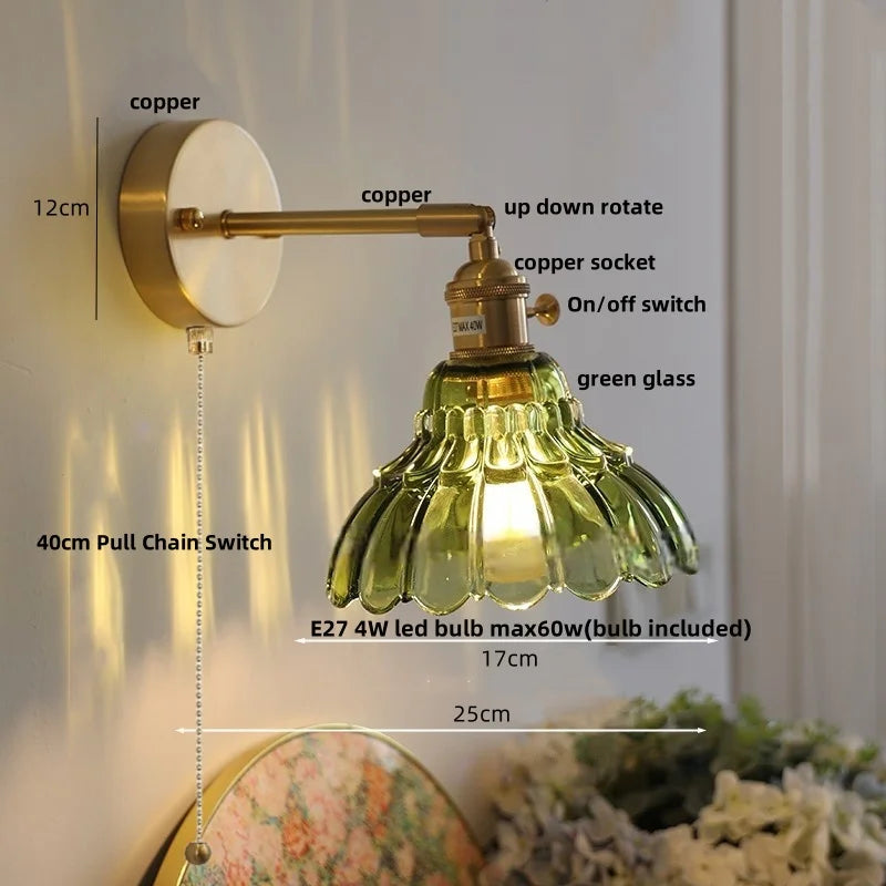 Helnys Rotatable Flower Glass Wall Lamp Copper Stair Light Fixtures