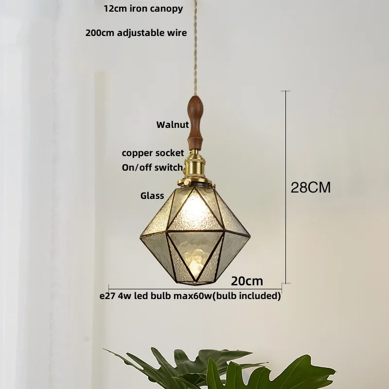 Helnys Brass Vintage LED Pendant Light Fixture Walnut Wood Glass Dining Room Lamp