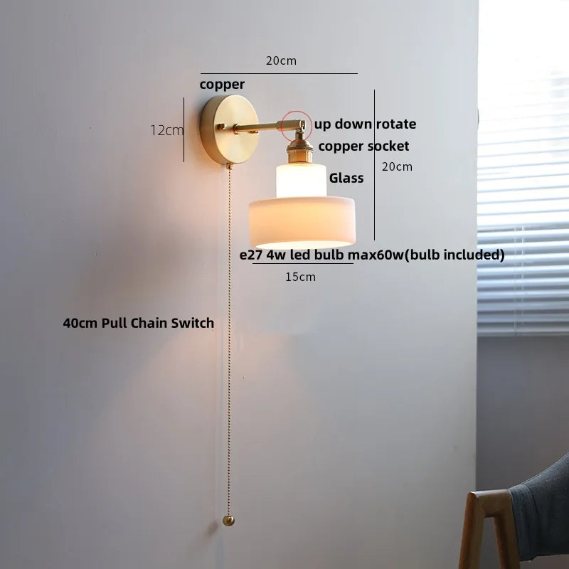 Helnys Modern Glass Wall Sconce with Pull Chain Switch - Nordic Style