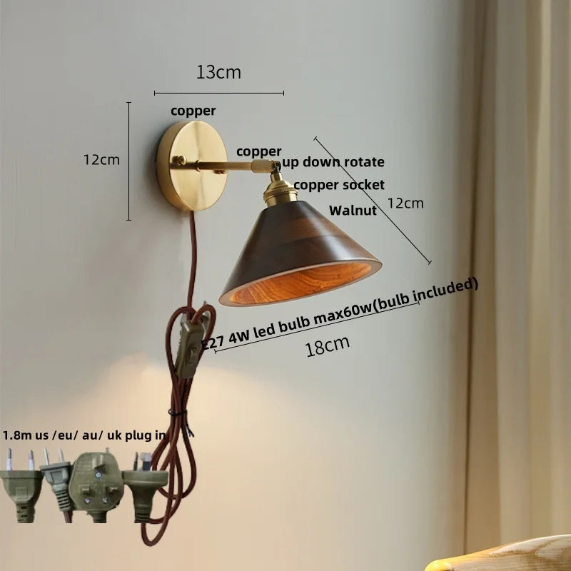 Helnys Nordic Walnut Wood Copper LED Wall Sconce Up Down Rotatable Bedside Lamp