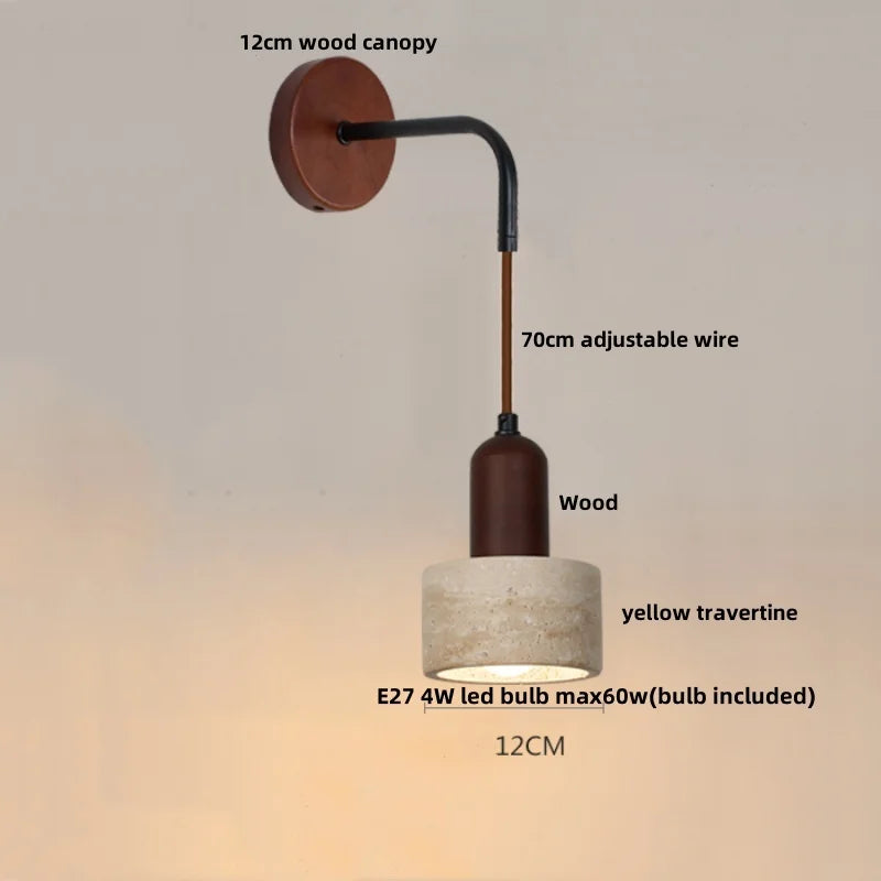 Helnys Adjustable LED Wall Lamp Pull Chain Switch Wood Nordic Modern Yellow Travertine