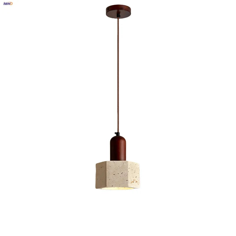Helnys Adjustable LED Pendant Lights Yellow Travertine Wood Base Nordic Modern Hang Lamp