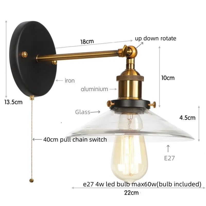 Helnys Vintage Industrial LED Wall Lamp Clear Glass Gold Bedside Light