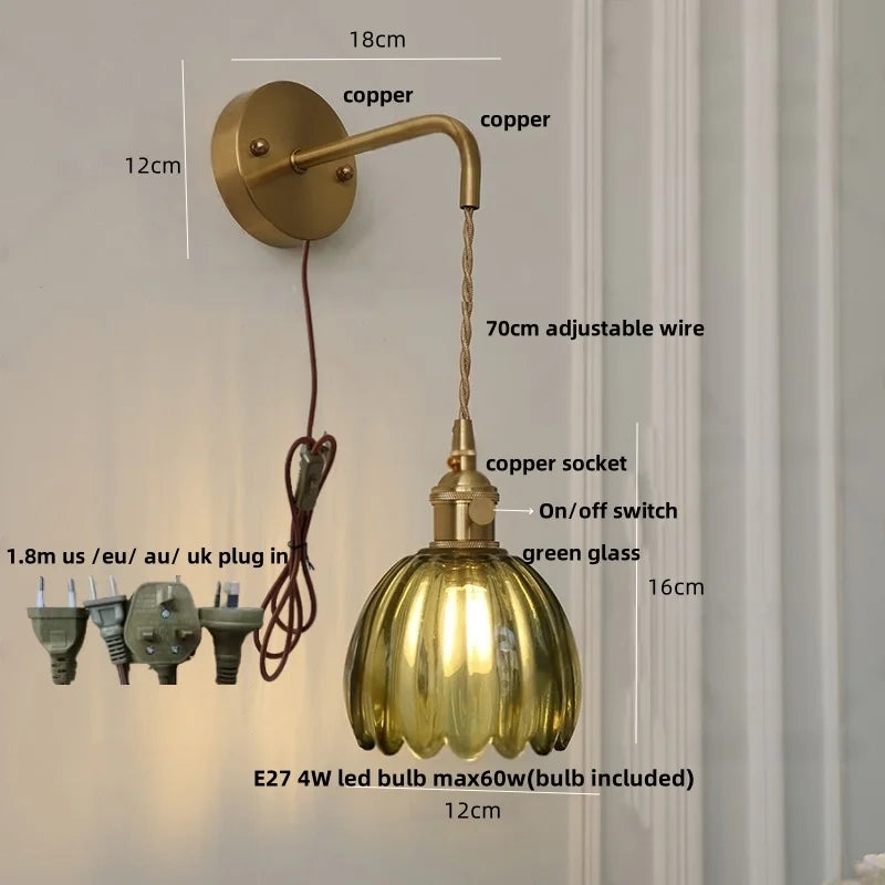 Helnys Smoke Gray Glass LED Wall Light with Pull Chain Switch - Minimalist Design