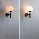 Helnys Modern Black Iron LED Wall Light with Pull Chain Switch & White Glass Shade