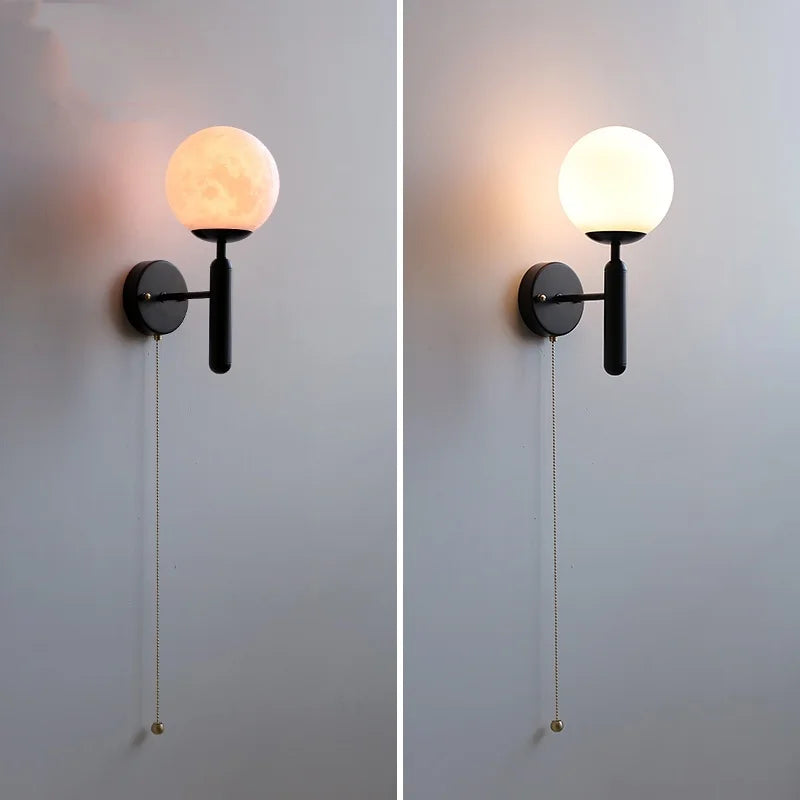 Helnys Modern Black Iron LED Wall Light with Pull Chain Switch & White Glass Shade