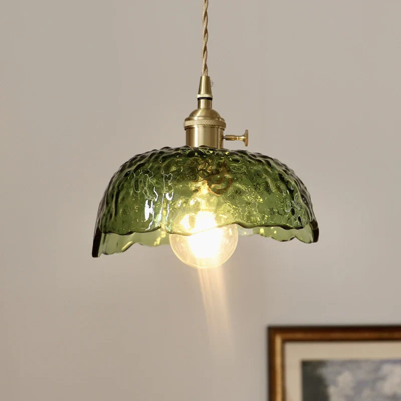 Helnys Nordic Green Glass LED Pendant Light - Modern Indoor Copper Switch Lamp