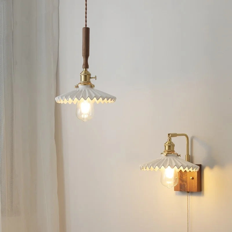 Helnys Ceramic Walnut Wood Pendant Light - White LED Hanging Lamp