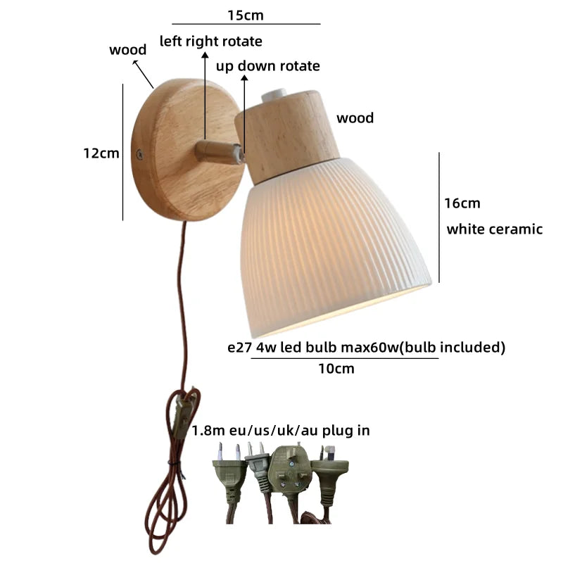 Helnys LED Wood Wall Lamp White Ceramic Japanese Style Mirror Light