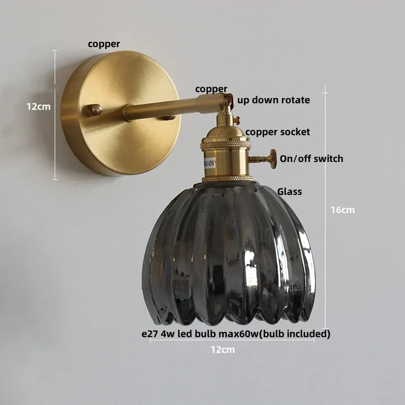 Helnys Clear Glass LED Wall Lights Up Down Rotate Copper Nordic Sconce Fixtures