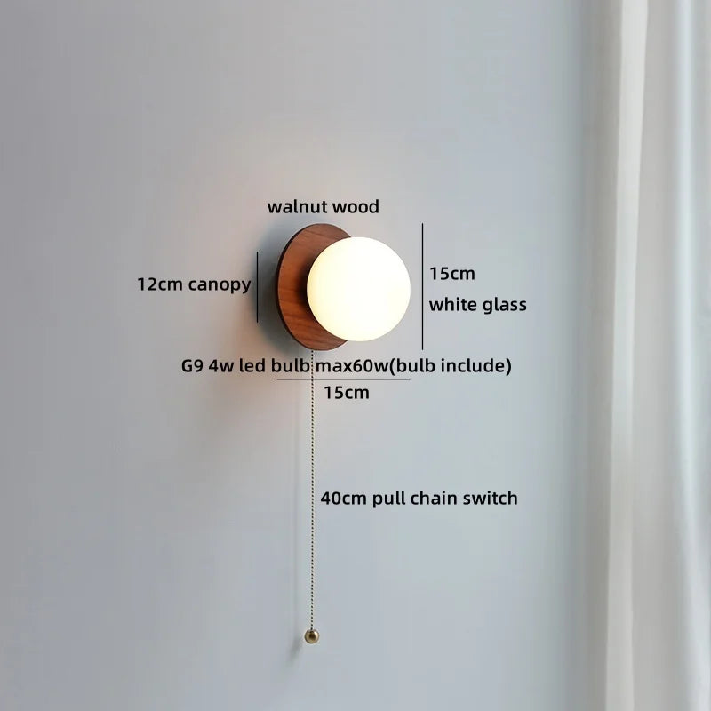 Helnys Nordic LED Wall Sconce Walnut Glass Ball Pull Chain Switch Wall Light