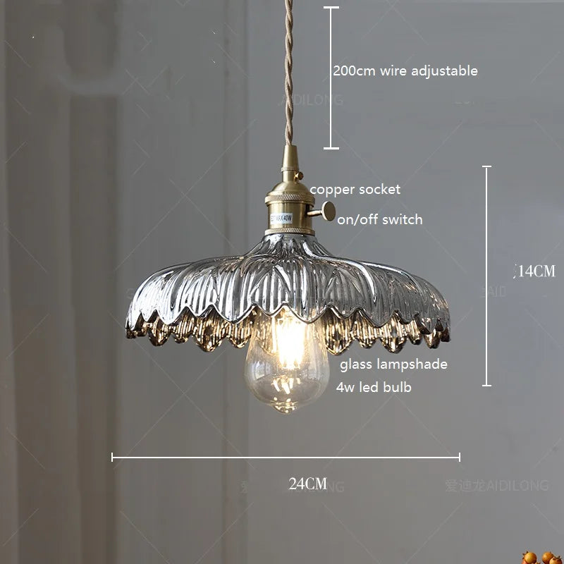 Helnys Green Glass LED Pendant Lamp with Copper Wood Handle for Dinning Living Room