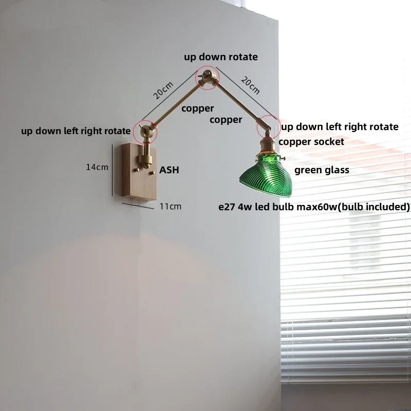 Helnys Green LED Swing Arm Wall Lamp Sconce with Walnut Wood Finish