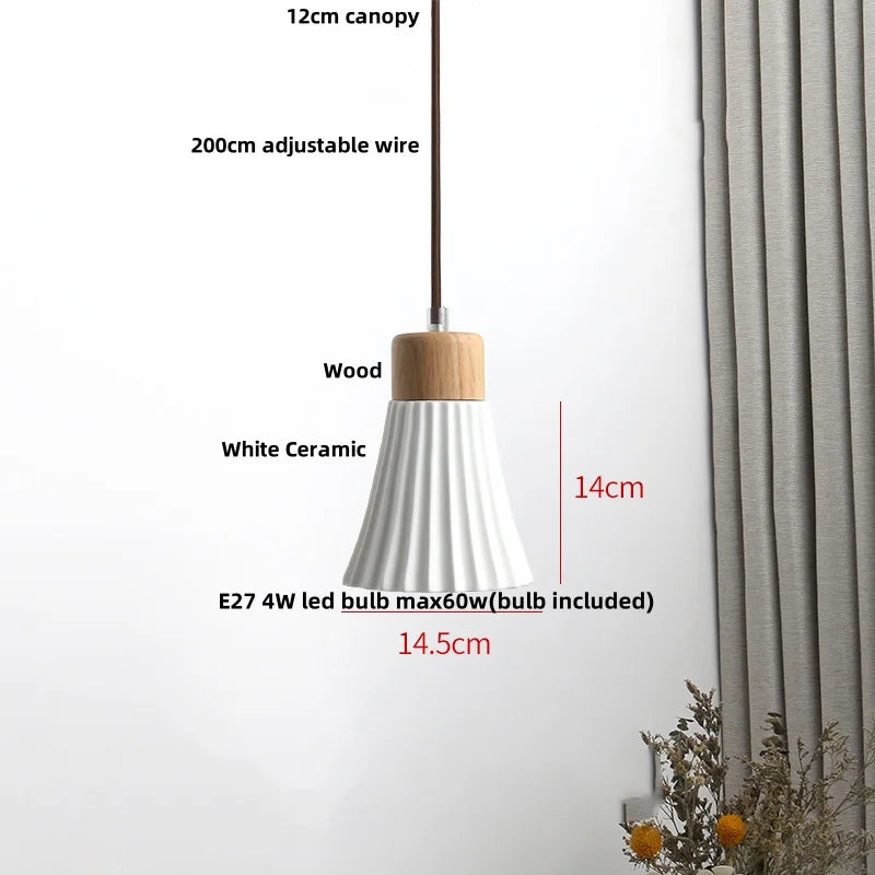 Helnys Nordic LED Pendant Light Fixture Wood White Ceramic Hanging Lamp